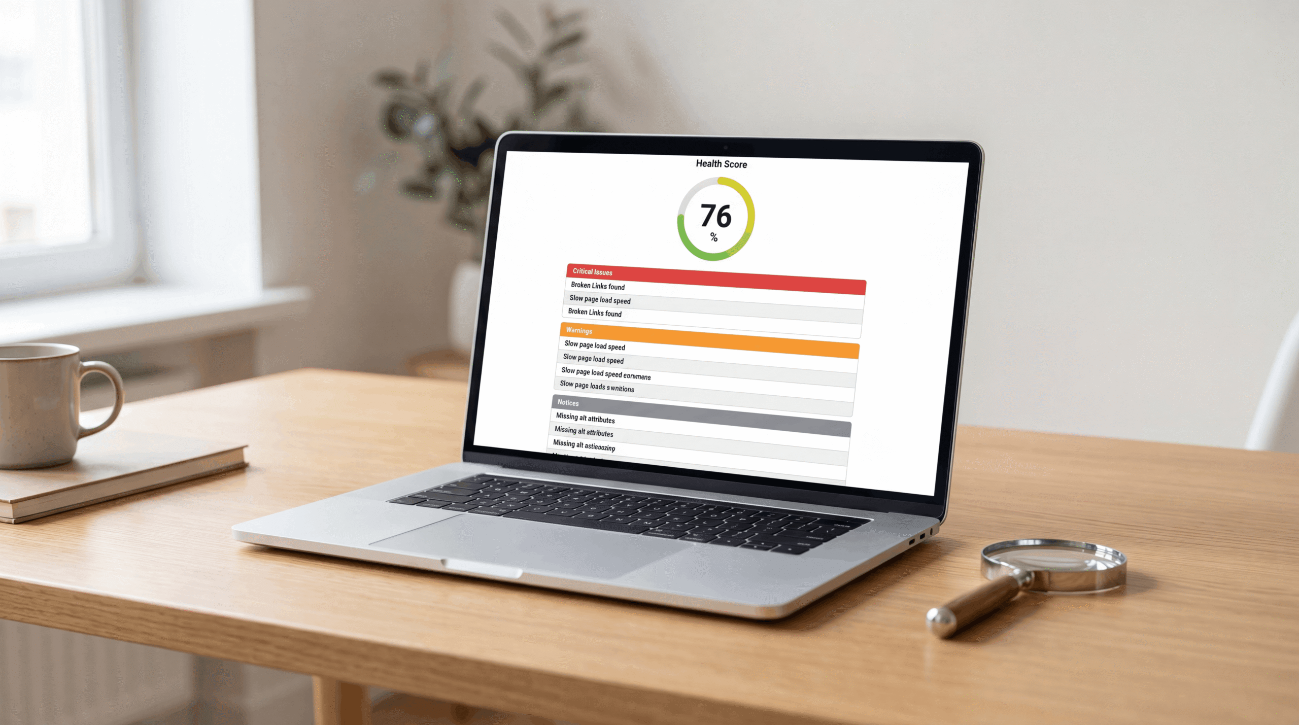 semrush site audit dashboard showing site health score and issue breakdown